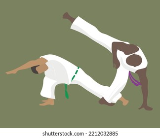 Men are doing capoeira kick and movements. People performing brazilian martial art. Vector illustration 