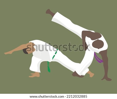 Men are doing capoeira kick and movements. People performing brazilian martial art. Vector illustration 