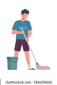 Men doing chores. Male character washes floor with mop, cleaning home service maid doing housework. Household activities, housekeeping concept flat simple modern vector cartoon isolated illustration