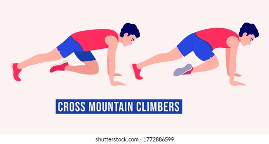 Men Doing  Cross Mountain Climbers Exercise, Men Workout Fitness, Aerobic And Exercises. Vector Illustration.