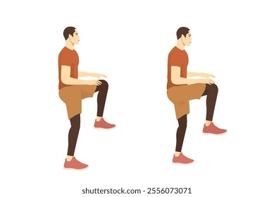 Men doing exercise with High Knee posture. Front one knee lifts to touch a hand and switch like jog on the spot. Cardio exercises at leg muscles and joints.