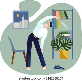 Men doing the exercise in the office. Office yoga.