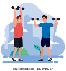 men doing exercises with dumbbells outdoor, sport recreation concept vector illustration design