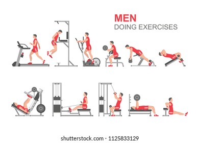 Men doing exercises, flat style. isolated on white background