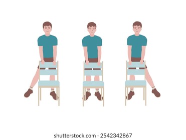 Men doing exercises step by step. Exercises that can be done at-home using a sturdy chair. Isolated vector illustration in cartoon style.