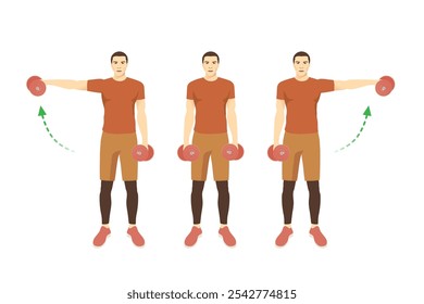 Homens fazendo Fitness com haltere lateral erguem no braço esquerdo e direito. Raise Lateral do Bate-Papo. Diagrama de exercício para construir músculos do ombro e braço com treino ponderado.