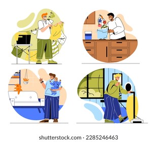 Men doing housework set. Young guy cleans house, prepares food and takes care of child. Household chores and routine collection. Cartoon flat vector illustrations isolated on white background