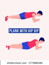 Men doing Plank With Hip Dip exercise, Men workout fitness, aerobic and exercises. Vector Illustration.