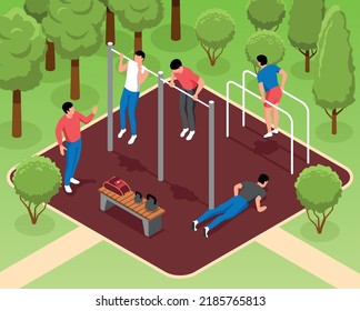 Hombres haciendo ejercicios de arrastre en terreno deportivo en ilustración vectorial isométrica del parque 3d