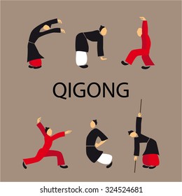 Men doing qi gong tai chi exercise. Vector illustration eps10. Flat disign.