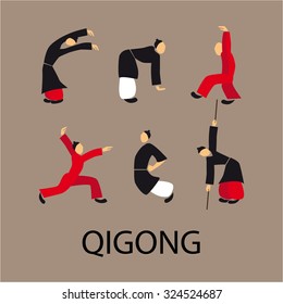 Men doing qi gong tai chi exercise. Vector illustration eps10. Flat disign.