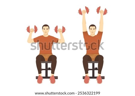 Men doing Seated Dumbbell Shoulder Press on bench. Illustration about exercise diagram for arm and chest and shoulder.