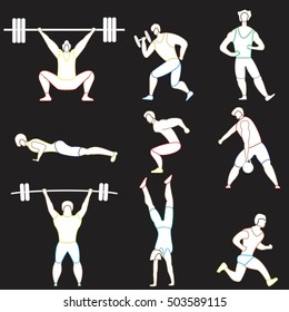 Men doing sport exercises. Set of sporty men.