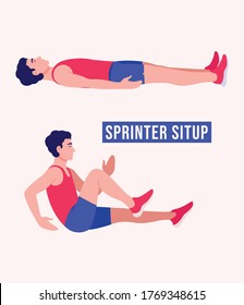 Men doing Sprinter Situp exercise, Men workout fitness, aerobic and exercises. Vector Illustration.