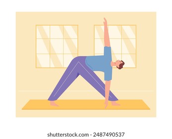 Men doing stretching, yoga at home enjoying leisure time. Character design. Vector flat illustration