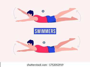 Men doing Swimmers exercise, Men workout fitness, aerobic and exercises. Vector Illustration.