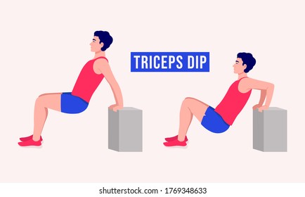 Men doing Triceps Dip exercise, Men workout fitness, aerobic and exercises. Vector Illustration.