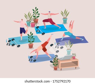 Men doing yoga on mats in front of laptop design of Stay at home theme Vector illustration