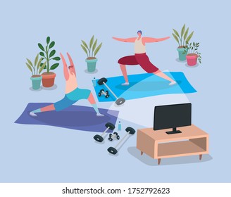 Men doing yoga on mats in front of tv design of Stay at home theme Vector illustration