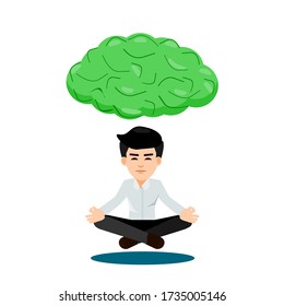 Men doing yoga in a sitting position have a brain shape indicating relaxation.Vector isolated flat cartoon