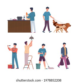 Men domestic affairs. Housekeeping concept. Male mops floor and takes out trash. Character repairs or changes bulbs. Person walks dogs, buys and cooks food. Vector household scenes set