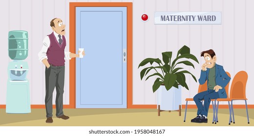 Men At Door Of Medical Facility. Maternity Ward. Healthcare And Medicine. Illustration Concept For Mobile Website And Internet Development.