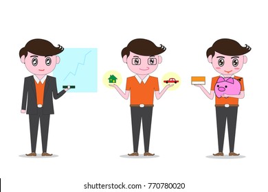 Men dress up in polite orange , Holding model car and house.
Investment Ideas and Credit and Savings. -Vector illustration eps 10 