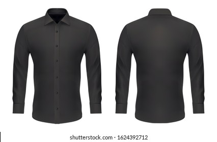 Men Dress Shirt, Vector Black Mockup Template With Long Sleeves, Buttons And Collar. Shirt Mock Up Slim Model, Menswear Casual And Formal Apparel Clothing, Front And Back View