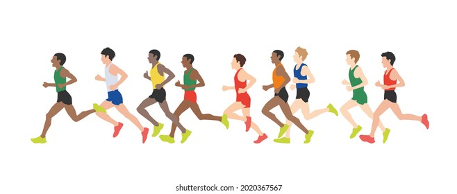 Men dressed in sports clothes running marathon race. Participants of athletics event trying to outrun each other. Flat cartoon characters isolated on white background. Vector illustration.