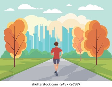 Hombres vestidos con ropa deportiva corriendo o trotando en el parque. Hombre feliz entrenando al aire libre. Actividad deportiva, estilo de vida saludable. Ilustración vectorial en estilo plano.