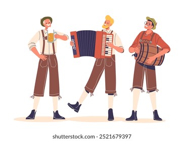 Men Dressed in Traditional German Costumes Enjoying Festive Celebration. One Man Holds a Beer, Another Plays Accordion