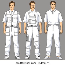 Men are dressed in white overalls, trousers and a T-shirt