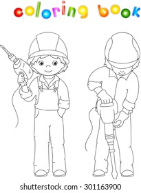 Men with drill and jackhammer. Coloring book. Vector illustration