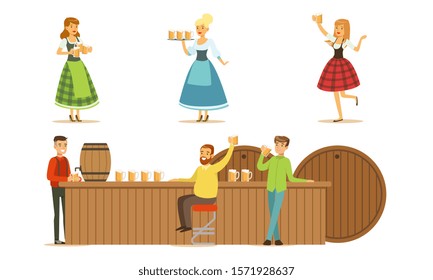 Men drink beer at the bar. Set of vector illustrations.