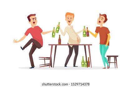 Men drink beer. Drunk friends characters. Vector Oktoberfest beer party illustration. Male friends in bar or pub