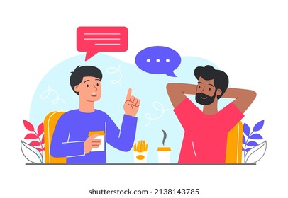 Men drinking cocktails. Fast food characters discussing latest news. Wrong nutrition, delicious product. Rest in cafe, friends for weekend rest in supermarket. Cartoon flat vector illustration