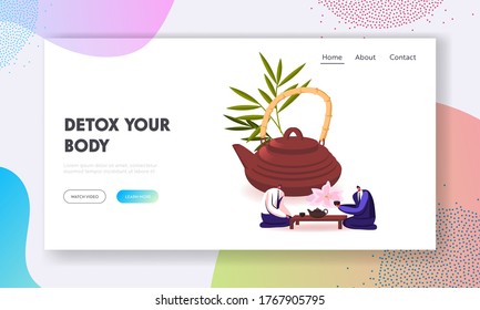 Men Drinking Tea Landing Page Template. .Tiny Businessmen Characters Sitting at Low Table at Huge Clay Teapot Serving for Tea Party Meeting with Friend, Hospitality. Cartoon People Vector Illustration