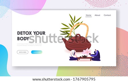 Men Drinking Tea Landing Page Template. .Tiny Businessmen Characters Sitting at Low Table at Huge Clay Teapot Serving for Tea Party Meeting with Friend, Hospitality. Cartoon People Vector Illustration