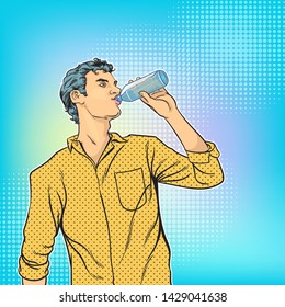 Men are drinking water from bottle.Pop art retro comic book cartoon drawing vector illustration kitsch vintage