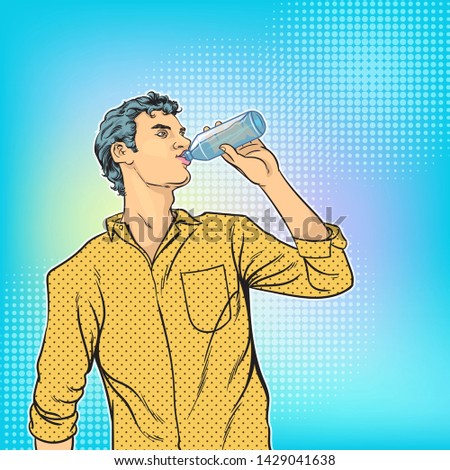 Men are drinking water from bottle.Pop art retro comic book cartoon drawing vector illustration kitsch vintage