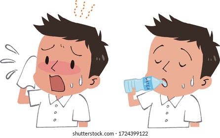 Hombres bebiendo agua, el sol, el golpe de calor, la ilustración del vector