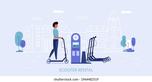 Men drive eco city transportation in public park. Personal electric transport, green electro scooter, hoverboard, gyroscooter, unicycle and bike. Ecological vehicle scooter rental concept