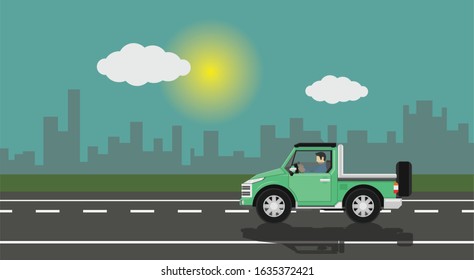 Men drive a pickup truck at night on the road away from the city.