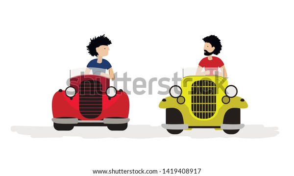 Men driving. People talking. Flat style.
Vector illustration.