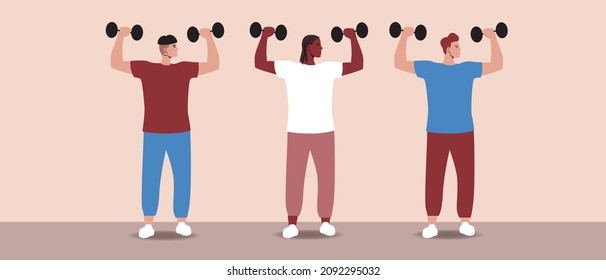Men with dumbbells, weightlifting. Flat vector stock illustration. Sports and activities of people. Heavy weight. Strong athletes set. Vector graphics
