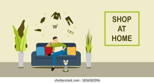 Men during online shopping at home on sofa. Shopping online concept. Flat design. Copy space for text and image. EPS10