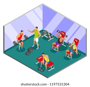 Men during weight lifting training in gym with mirror walls isometric composition vector illustration 