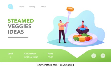 Men Eating Greenery Cooked on Steam Landing Page Template. Tiny Male Characters at Huge Plate Eating Steamed Vegetables. Healthy Nutrition, Vegetarian Lifestyle. Cartoon People Vector Illustration