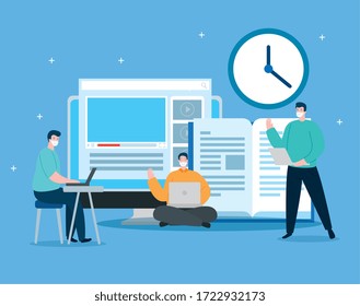 men in education online with computer vector illustration design