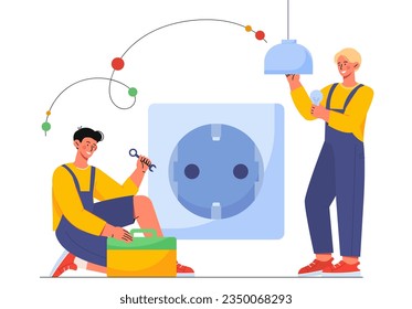 Men with electricity concept. Repairman with toolbox and wrench near lamp and lightbulb. Young guys fix problems with electricity in house. Power and voltage. Cartoon flat vector illustration